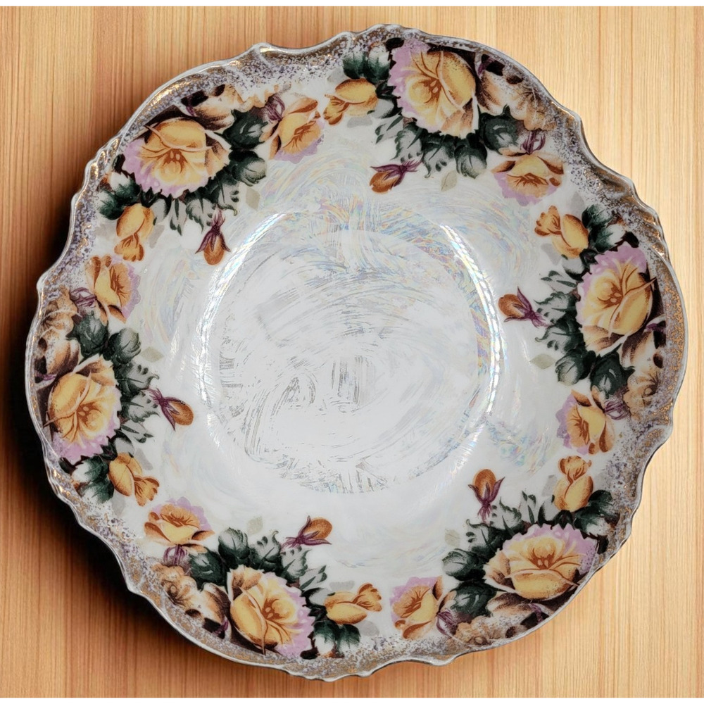 Trimont Ware 8" Bowl Iridescent Pearl Yellow Pink Flowers Gold Trim Japan 1950s